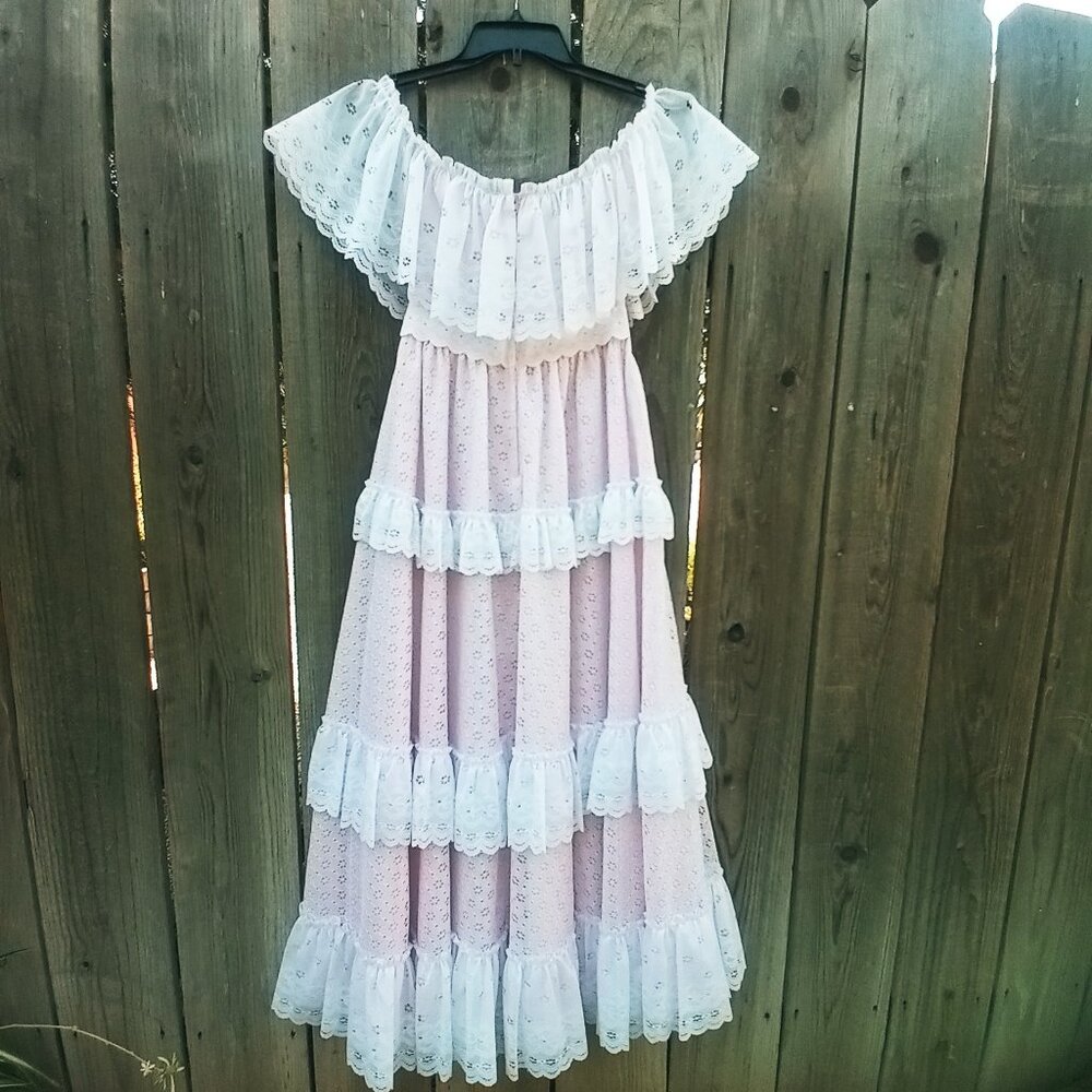 VINTAGE 70'S 80'S DANCE ALLURE MAXI DRESS SZ 8 WHITE PINK OFF SHOULDER TIERED